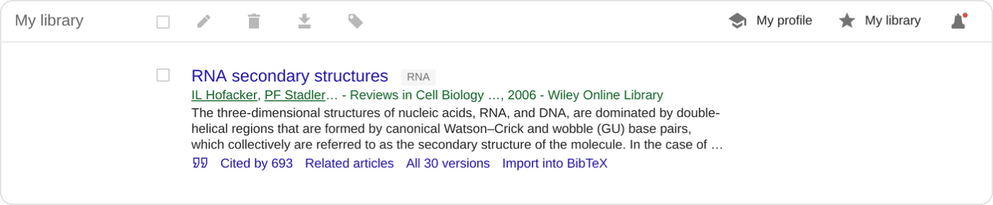 Google Scholar my library entry with label